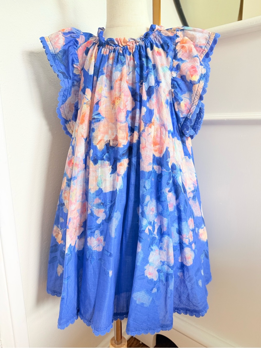 Zimmermann Kids Blue Floral Flutter Sleeve Dress Size 6 Luxury Designer